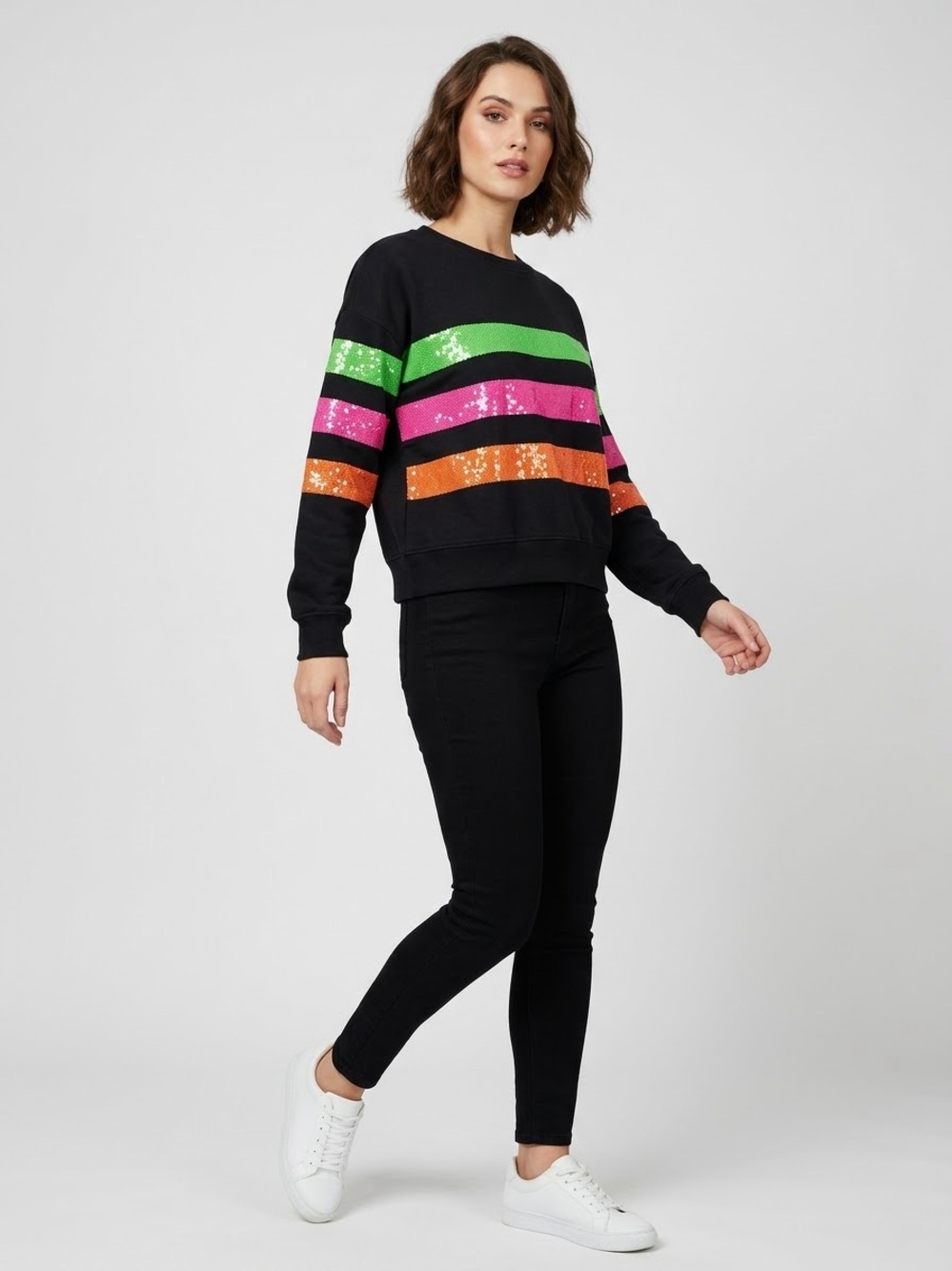 Fantastic Fawn Sequin Striped Long Sleeve Crewneck Pullover Sweatshirt